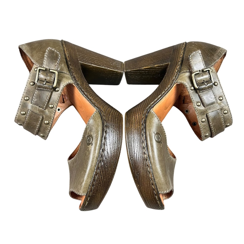 Born Womens Olive Green Leather Studded Platform Peep Toe Heels Size 9 - Picture 5 of 8